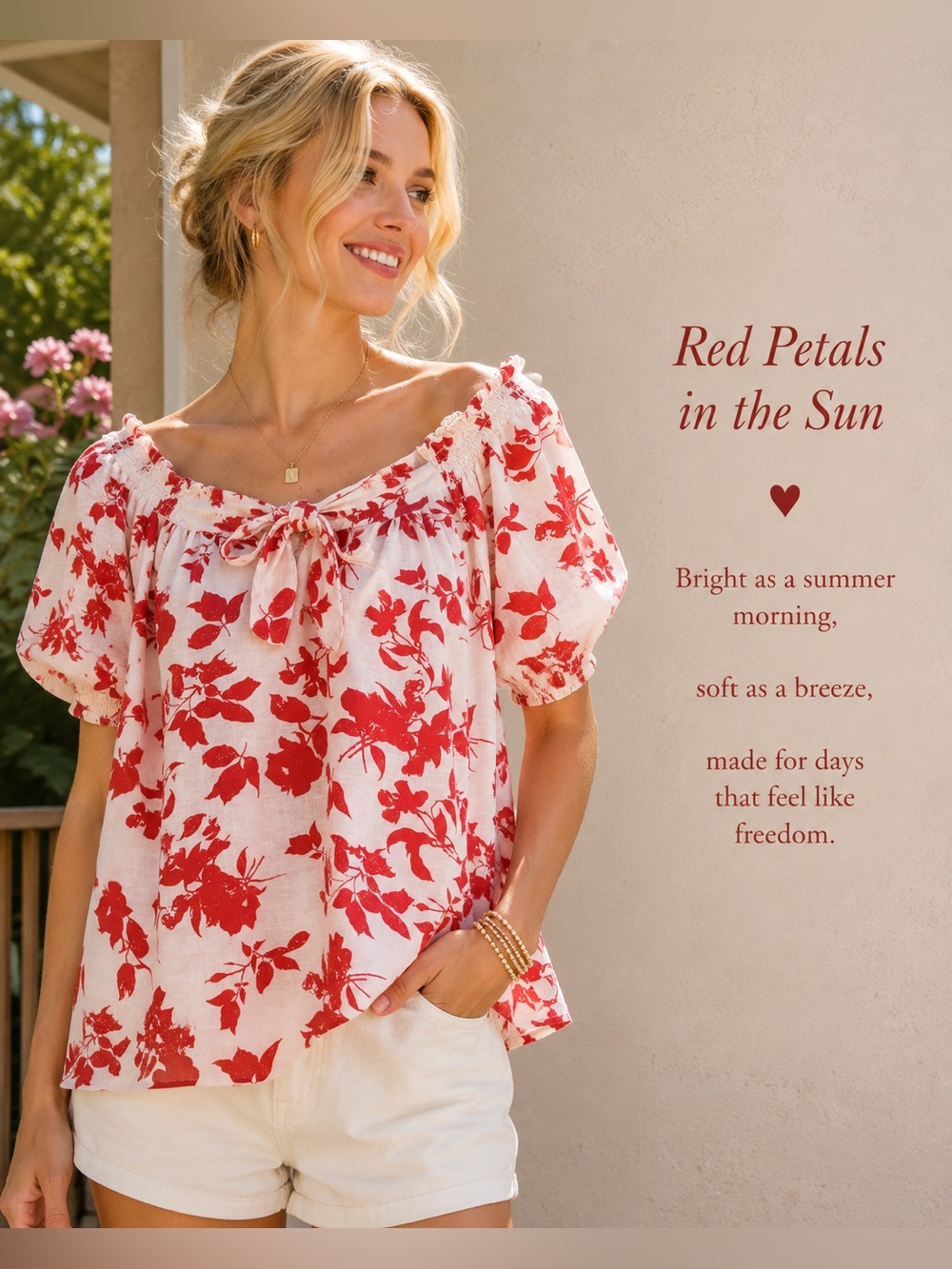 Linen&Cotton Red Floral Tie-Neck Blouse